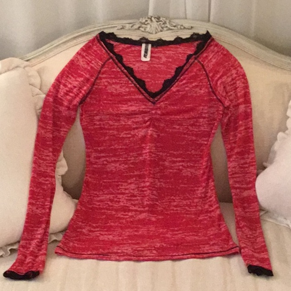 BKE Red Top With Black Lace Trim Size Large